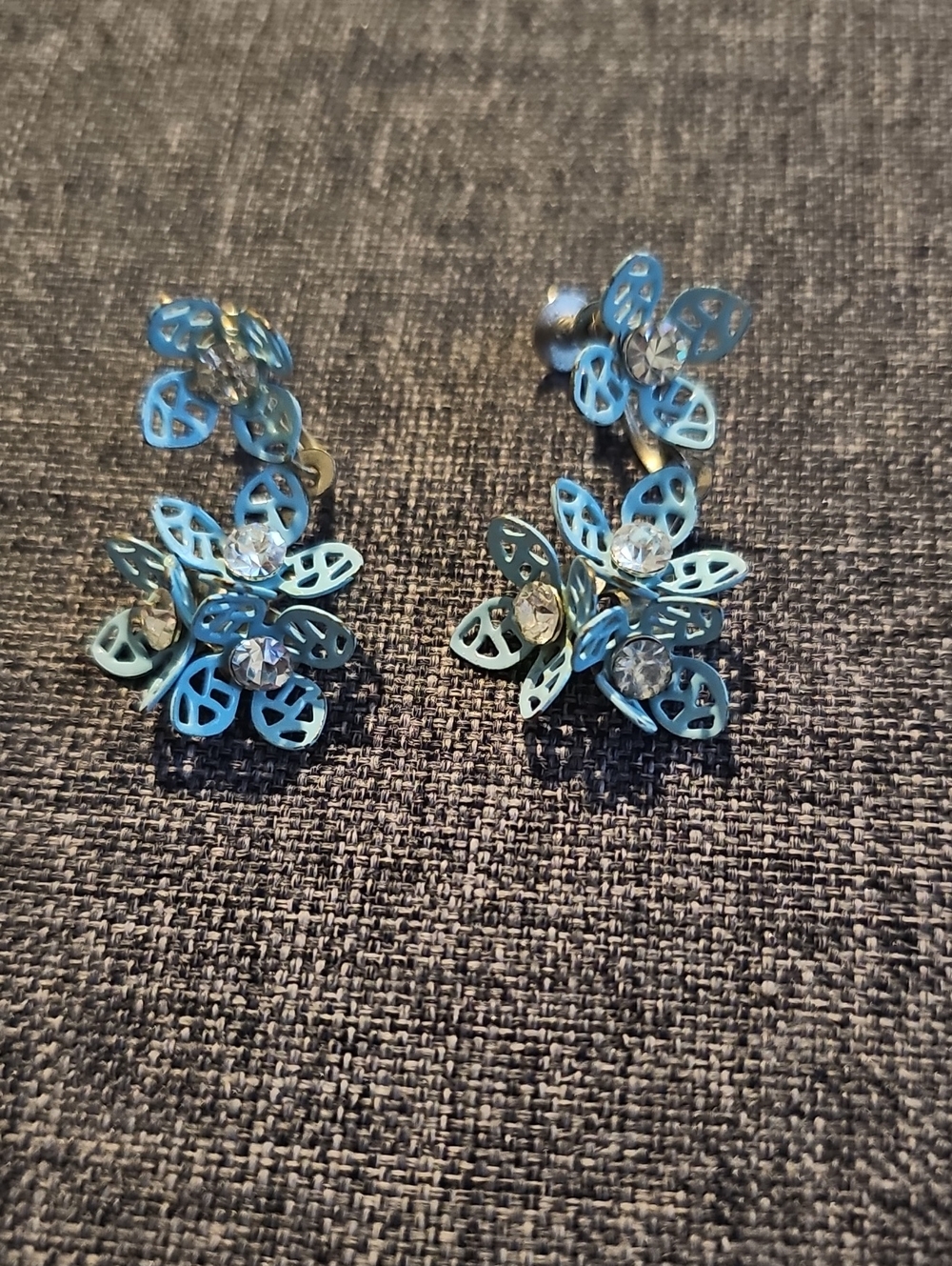 1950s Blue Floral Crystal Drop Earrings Clip On Screw Women Jewelry